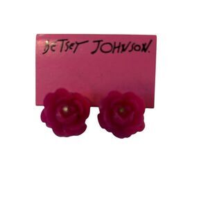 Vintage Betsey Johnson Hot Pink Rose Bud Stud Earrings w/ Center Crystal